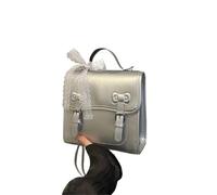 OZLCUA Kleiner Rucksack Niedlicher quadratischer Rucksack mit Schleife, kleine Packung, einfarbig, PU-Handtasche, Schüler-Schultasche for Mädchen(Silver)
