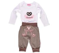 P.Eisenherz Trachten Set für Madln im Geschenkkarton: Baby Body mit langem Arm und Applikation ''Spatzerl'' und Baby Jogginghose im Lederhosen Look, braun
