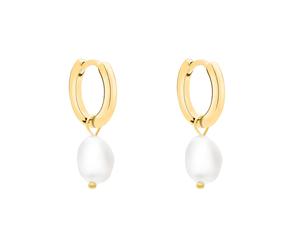 Paar Creolen S.OLIVER "mit abnehmbaren Einhängern, Tag and Pearl", gold (gelbgoldfarben, weiß), Ohrringe, Damen, Edelstahl, mit Perle (synth.) (79792747-0) gelbgoldfarben, weiß