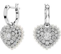 Paar Creolen SWAROVSKI "Idyllia E Heart Drop Herz", silber (metallfarben, kristallweiß, weiß, kristallweiß), Ohrringe, Damen, Metall Perlen, Metall, Perlen, mit Swarovski Kristall - mit Swarovski Perl