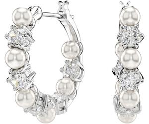 Paar Creolen SWAROVSKI "Schmuck Geschenk Matrix Drop-Ohrhänger", silber (metallfarben, kristallweiß, weiß, kristallweiß), Ohrringe, Damen, 3mm, Metall Perlen, Metall, Perlen, mit Swarovski Zirkonia (s