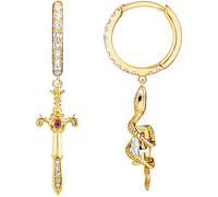 Paar Creolen THOMAS SABO "mit Anhänger Tempting Romance, Schlangen/Schwert-Design", bunt (gelbgoldfarben, weiß, rot, weiß, rot), Ohrringe, Damen, Silber 925 (recycelt), mit Zirkonia (synth.), Saphir (