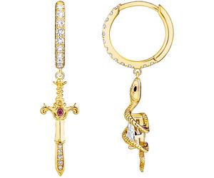 Paar Creolen THOMAS SABO "mit Anhänger Tempting Romance, Schlangen/Schwert-Design", bunt (gelbgoldfarben, weiß, rot, weiß, rot), Ohrringe, Damen, Silber 925 (recycelt), mit Zirkonia (synth.), Saphir (