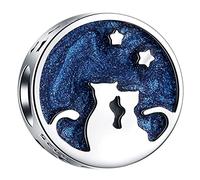 Paar Katze Charms unter Sternenhimmel, fit Pandora Valentinstag Hochzeit Armband, 925 Sterling Silber Blau Emaille Liebespaar Kätzchen Cat Katzen Perlen, Geschenk für Ehefrau/Ehepaar/Braut