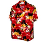 Pacific Legend Sunset Beach Palm Tree Hawaiihemd, Rot/Ausflug, einfarbig (Getaway Solids), XL
