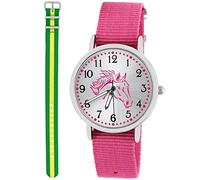 Pacific Time Kinder Armbanduhr Mädchen Junge Pferd Kinderuhr Set 2 Textil Armband rosa + grün gelb analog Quarz 10570