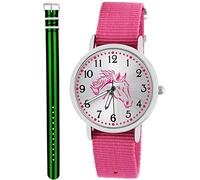 Pacific Time Kinder Armbanduhr Mädchen Junge Pferd Kinderuhr Set 2 Textil Armband rosa + grün schwarz analog Quarz 10558