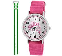 Pacific Time Kinder Armbanduhr Mädchen Junge Pferd Kinderuhr Set 2 Textil Armband rosa + grün Weiss analog Quarz 10557