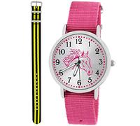 Pacific Time Kinder Armbanduhr Mädchen Junge Pferd Kinderuhr Set 2 Textil Armband rosa + schwarz gelb analog Quarz 10565