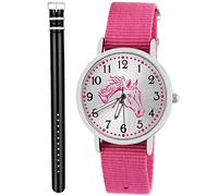 Pacific Time Kinder Armbanduhr Mädchen Junge Pferd Kinderuhr Set 2 Textil Armband rosa + schwarz grau analog Quarz 10563