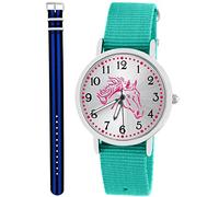 Pacific Time Kinder Armbanduhr Mädchen Junge Pferd Kinderuhr Set 2 Textil Armband türkis + schwarz blau analog Quarz 10583