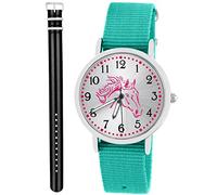 Pacific Time Kinder Armbanduhr Mädchen Junge Pferd Kinderuhr Set 2 Textil Armband türkis + schwarz grau analog Quarz 10582