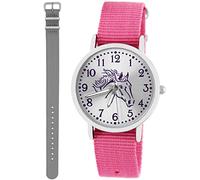 Pacific Time Kinder Armbanduhr Mädchen Junge Pferd Motivuhr Kinderuhr Set 2 Textil Armband rosa + grau analog Quarz 10365