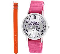 Pacific Time Kinder Armbanduhr Mädchen Junge Pferd Motivuhr Kinderuhr Set 2 Textil Armband rosa + orange analog Quarz 10371