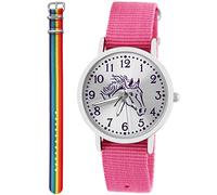 Pacific Time Kinder Armbanduhr Mädchen Junge Pferd Motivuhr Kinderuhr Set 2 Textil Armband rosa + Regenbogen analog Quarz 10366