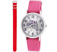 Pacific Time Kinder Armbanduhr Mädchen Junge Pferd Motivuhr Kinderuhr Set 2 Textil Armband rosa + rot analog Quarz 10368