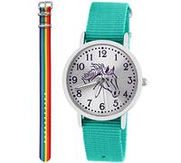 Pacific Time Kinder Armbanduhr Mädchen Junge Pferd Motivuhr Kinderuhr Set 2 Textil Armband türkis + Regenbogen analog Quarz 10353
