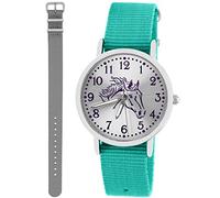 Pacific Time Kinder Armbanduhr Mädchen Junge Pferd Motivuhr Kinderuhr Set 2 Textil Armband türkis + grau analog Quarz 10352