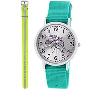 Pacific Time Kinder Armbanduhr Mädchen Junge Pferd Motivuhr Kinderuhr Set 2 Textil Armband türkis + gelb reflektierend analog Quarz 10356
