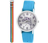 Pacific Time Kinder Armbanduhr Mädchen Junge Pferd Motivuhr Kinderuhr wasserdicht Textil Armband hellblau + Regenbogen analog Quarz 10379