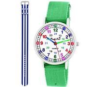 Pacific Time Kinder Armbanduhr Mädchen Jungen Lernuhr Kinderuhr Set 2 Textil Armband grün + blau-Weiss analog Quarz 11106