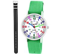 Pacific Time Kinder Armbanduhr Mädchen Jungen Lernuhr Kinderuhr Set 2 Textil Armband grün + schwarz-grau analog Quarz 11118