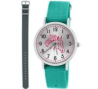 Pacific Time Mädchen Armbanduhr Uhr Pferd Pferdemotiv analog Quarz 2 Textilarmband 10034 Türkis Grau