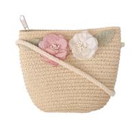 PACKOVE Strickige Junge Mädchen Stroh Korbtasche Mit Spitzenblumen Handgefertigte Umhängetasche Baumwollfutter Sichere Reißverschluss-geldbörse Für Mädchen Beige Strand Alltagstasche