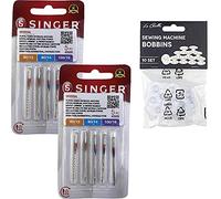 Packung mit 10 Nähmaschinennadeln für Singer 2020, Universal, Stärke 80-90-100 für Baumwolle und Synthetik 130/705 H (einseitig flacher Absatz) + 10 transparente Spulen