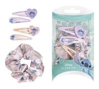 Packung mit 4 Haarnadeln und 1 Haargummi aus Stitch-Stoff. Farbe: Rosa und Lila, hergestellt aus robusten Materialien, inspiriert von Stitch, Originalprodukt, entworfen in Spanien