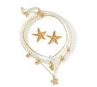 PacuM 2 Stück Seestern Kette Schmuckset Boho Starfish Necklace Verstellbar Muschelkette Seestern Ohrringe Gold Sommer Schmuck Damen Mermaid Jewelry für Den Alltag Feiertage Anlässe
