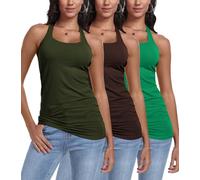 Pafnny Racerback-Tanktops für Damen, Baumwolle, lang, Camisoles, Fitnessstudio, Workout, Unterhemd, Yoga, 3 Packungen, Bitterkaffee + Olive + Zoysia, Groß