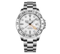 Pagani Design Automatik Uhr Herren GMT Zeiger Edelstahl Saphirkristall Automatikuhr Wasserdichter Kalender Leuchtende Herrenuhren (Weiß)