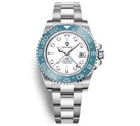 Pagani Design Herrenuhr Automatik Mechanische Uhr GMT Dual-Zeitzone Armbanduhren Edelstahl Zweifarbige Keramiklünette 100M Wasserdicht PD-1662 (Blau Weiß)