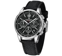 Pagani Design Quarz-Herren-Armbanduhr, Chronograph, Sport, Leder, Nylon, wasserdicht, analog, goldfarben, automatisches Datum, Business-Armbanduhr, Silber Schwarz Pdys-008, Gurt