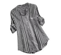 PAIDAXING Bluse Damen Langarm Hemdbluse Gestreiftes Longshirt Große Größen Tunika Business Hemd mit Faltbare Manschetten Sommershirt Baumwolle-Leinen Lang Blusen Top