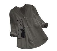 PAIDAXING Damen Bluse Katzenmotiv Baumwoll-Leinenblusen mit Taschen Langarm Shirt Lässige Einfarbig Büro Hemdblusen Tunika Tops Oberteile T-Shirt