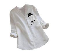 PAIDAXING Damen Bluse Katzenmotiv Baumwoll-Leinenblusen mit Taschen Langarm Shirt Lässige Einfarbig Büro Hemdblusen Tunika Tops Oberteile T-Shirt