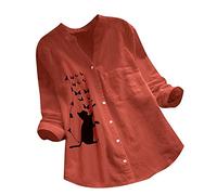 PAIDAXING Damen Bluse Katzenmotiv Baumwoll-Leinenblusen mit Taschen Langarm Shirt Lässige Einfarbig Büro Hemdblusen Tunika Tops Oberteile T-Shirt
