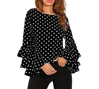 PAIDAXING Damen Hemd Polka Dots Langarm Shirt mit Ausgestellten Ärmeln Hemdbluse Elegant Rundhals T-Shirt Große Größen Chiffon Bluse Tunika Arbeit Büro Tops Lose Oberteile