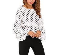 PAIDAXING Damen Hemd Polka Dots Langarm Shirt mit Ausgestellten Ärmeln Hemdbluse Elegant Rundhals T-Shirt Große Größen Chiffon Bluse Tunika Arbeit Büro Tops Lose Oberteile