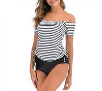 PAIDAXING Damen Off Shoulder Badeanzug Streifen Sexy Zweiteilige Bikini Bauchweg Tankini Set Bademode High Waist Schlankheits Blickdicht Badeanzüge Strandmode Beachwear
