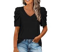 PAIDAXING Damen Sommer Oberteile T-Shirt V-Ausschnitte Plissee Kurz Ärmel Shirt Mode Frauen Sommershirt Beiläufig Loose Fit Tshirt Kurzarmhemden Baumwolle Blusen Top