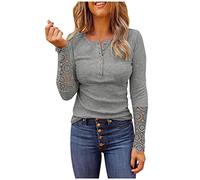 PAIDAXING Damen Sweatshirt Stickerei Langarm T-Shirt Fein Gestrickt Pullover Damenbluse Knopfverschluss Atmungsaktiv Hemd Oberteile Shirts Tops