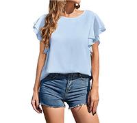PAIDAXING Tshirt Damen Chiffonbluse Oberteil mit Doppeltem Rüschen Elegant Bluse Kurzarmhemd Lang Top Große Größen Rundhals T-Shirt Basic Shirt Damenbluse