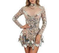 Pailettenkleider für Damen, Paillettenkleid Sparkly Ballsaal Glitzerkleid Luxus Outfit Spiegel Pailletten Kleid Tanzkleid Discokugel Kostüm Glitzer Team Bühne Tragen Tanz Kostüm, S-XL