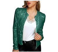 Pailletten Blazer Damen Kurze Einfarbige Jacke mit Glitzer Leichte Herbstjacke Langärmeliger Anzug Herbst Winter Party Anzugjacke Offene Front Übergangsjacke Cardigan Jacket Kurzjacke Club Mantel