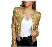 Pailletten Blazer Damen Mode Kurze Einfarbige Jacke mit Glitzer Leichte Herbstjacke Langärmeliger Anzug Herbst Winter Party Anzugjacke Offene Front Übergangsjacke Cardigan Jacket Kurzjacke Club Mantel