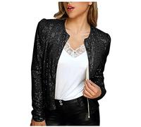 Pailletten Blazer Damen Mode Kurze Einfarbige Jacke mit Glitzer Leichte Herbstjacke Langärmeliger Anzug Herbst Winter Party Anzugjacke Offene Front Übergangsjacke Cardigan Jacket Kurzjacke Club Mantel