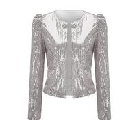 Pailletten Blazer Silber Kurzblazer Damen Festlich Langarm Glänzend-Jacke Kurzjacke Mantel Blazer Mode Jacke Glitzer Leichte Anzug Party Anzugjacke Offene Front Übergangsjacke Cardigan Jacket